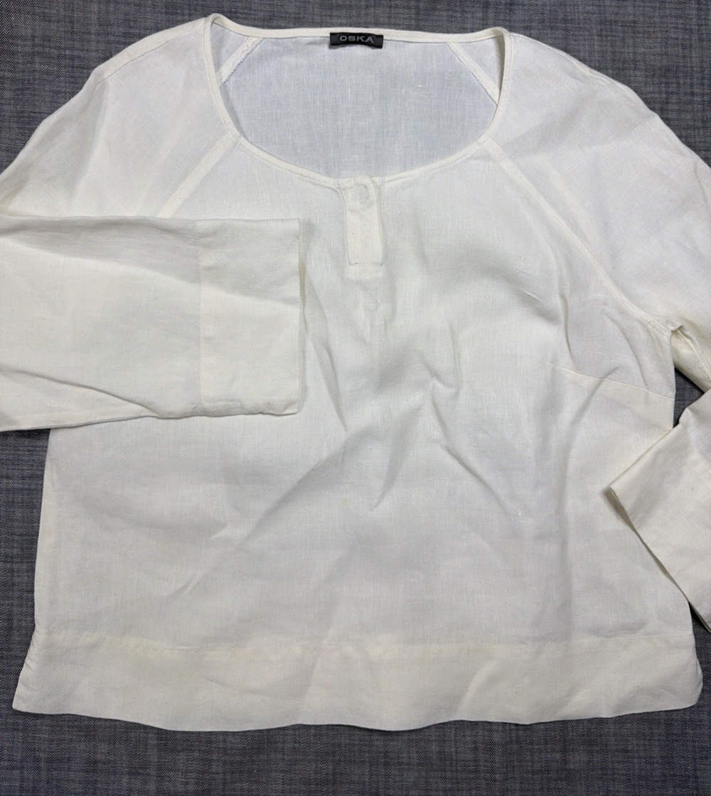 OSKA White 100% Linen Long Sleeve Scoop Henley Neck Blouse Top Size II US 8/10